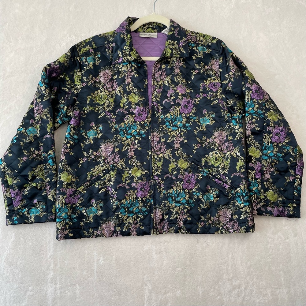 Drapers & Damons Petites Multi Black Floral Quilted Zip Up Jacket Sz PS Boho